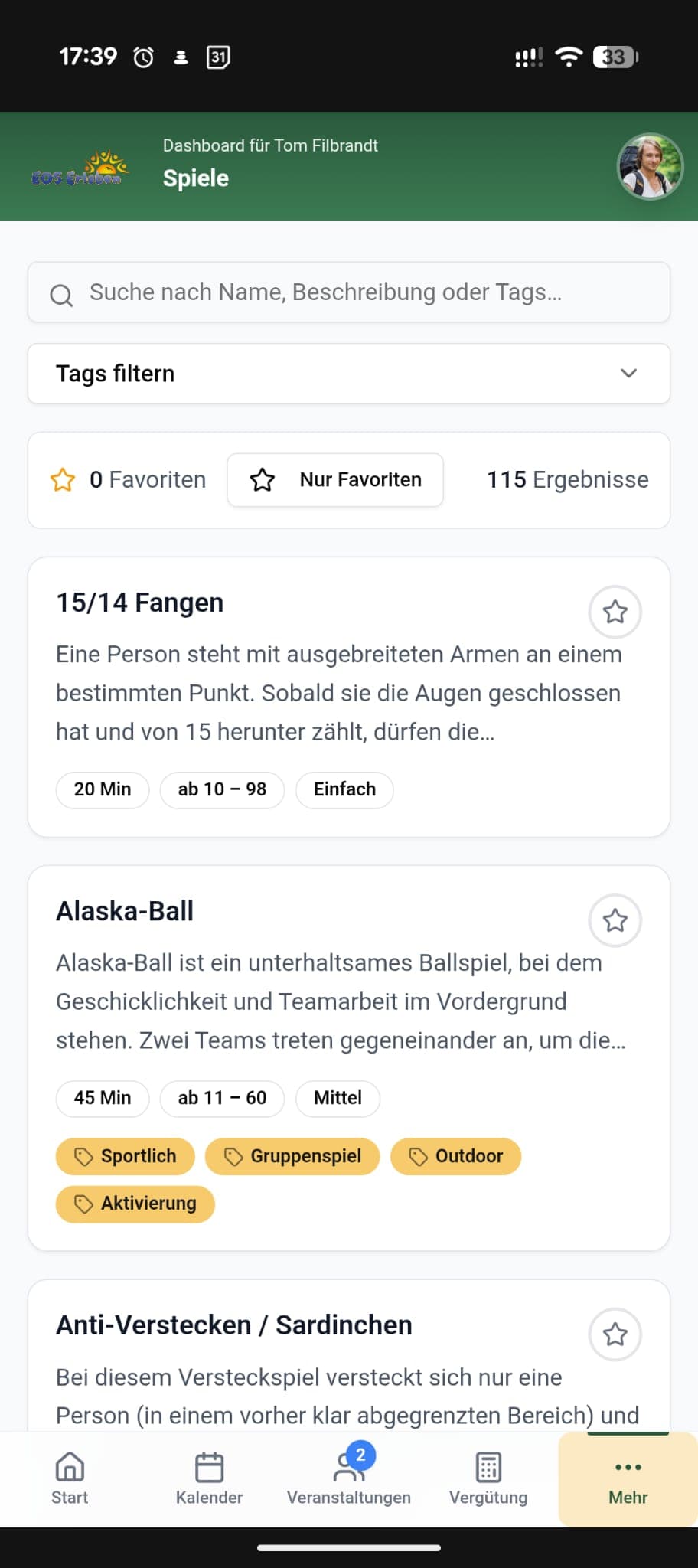Mobile Ansicht der EOS-Erleben-Methoden-Datenbank mit Suchfeld, Filtern und Spielkarten
