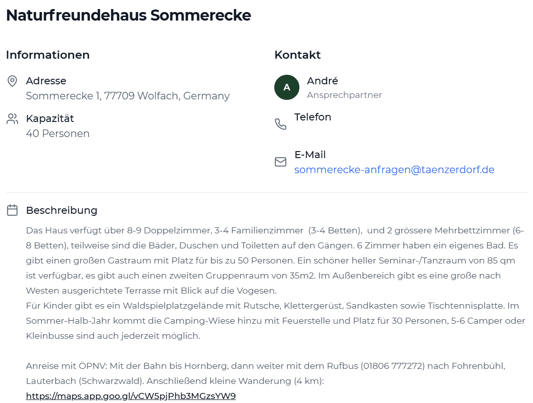 Dashboard Team und Unterkunft