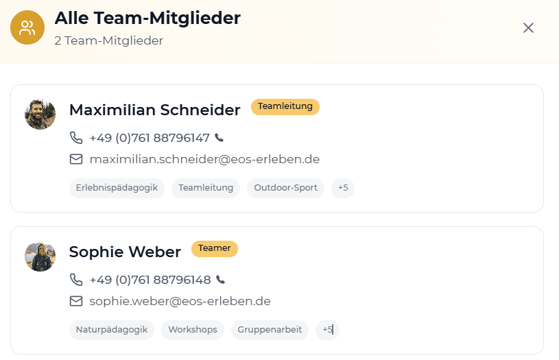Dashboard Team und Unterkunft
